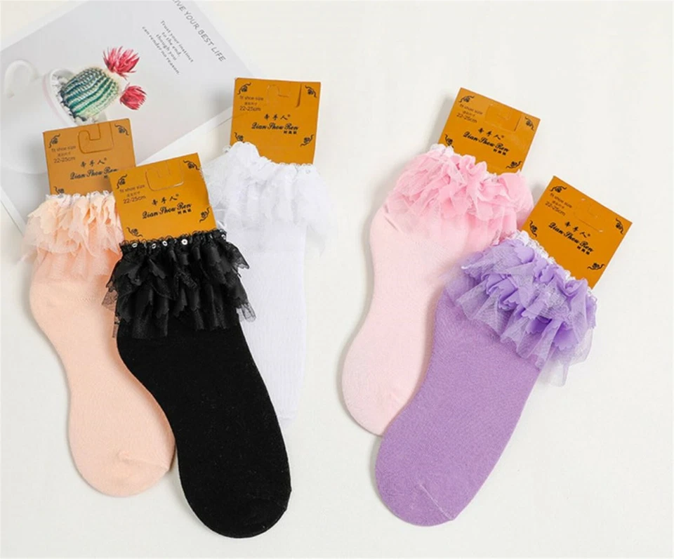 AU Women Girl Sequins Fancy Retro Lace Ruffle frilly princess Short dress Socks