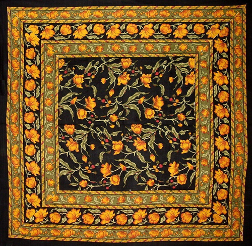 French Floral Square Cotton Tablecloth 60" x 60" Amber on Black - Picture 5 of 12