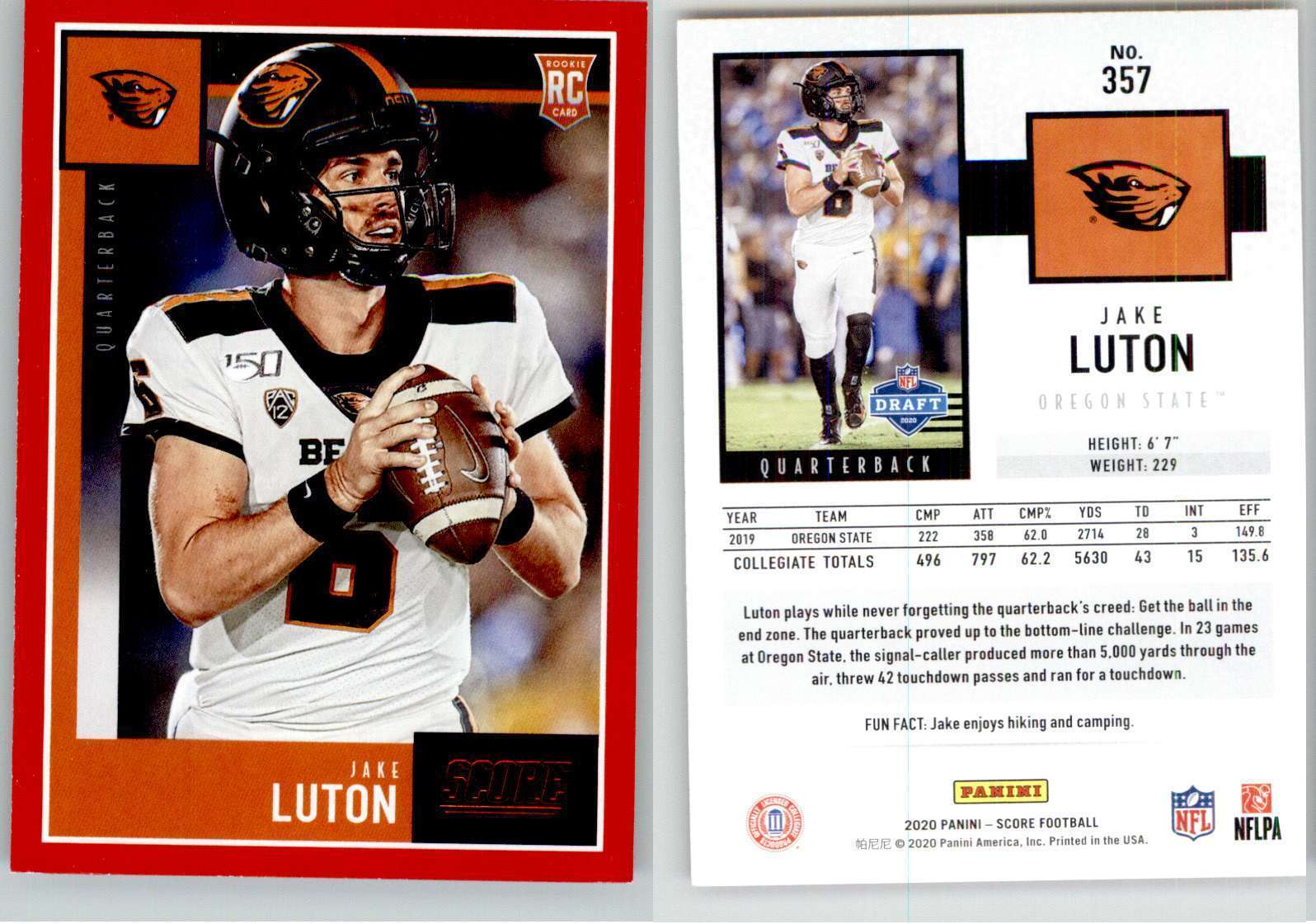 Jake Luton 2020 Score Red #357 Oregon St Jaguars Panthers RC Rookie
