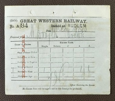 1910 Great Western Rly Audlem Station Market Drayton - Crewe Excess Fare Receipt