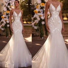 Attractive Mermaid Wedding Dress V-neck Lace Appliques Bride Gowns Customized