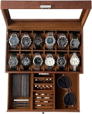 GUKA Watch Box, 12 Slot Watch Case, Watch Cases for men with Real Glass Lid, Syn