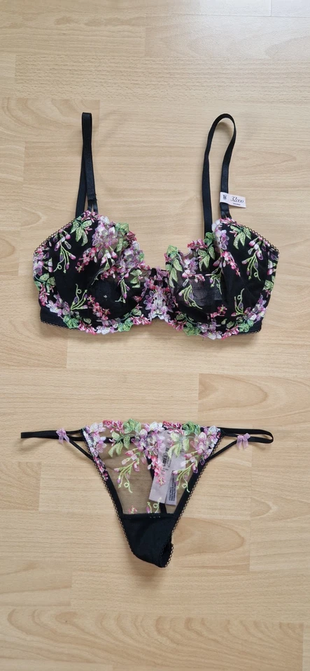 Victoria's Secret Ungefüttert Blumenmuster Bestickt BH Set V-String 32DDD 70F M - Bild 1 von 4
