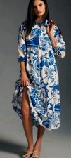 Anthropologie Maeve The Bettina in Blue White Floral Cotton Shirt Dress XL 