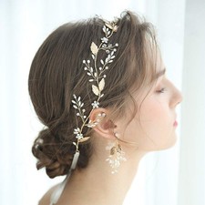 Bridal Hair Vine Crystal and Pearl Headband Gold Leaf Headpiece for Bride Bri...