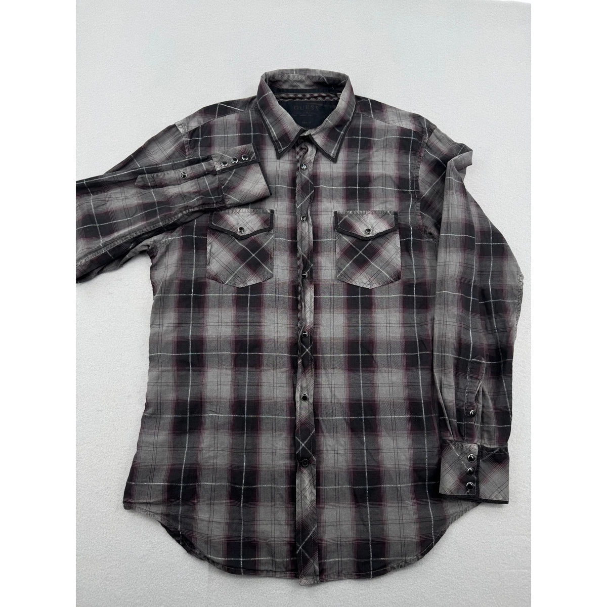 Camisa de hombre Guess a cuadros occidental con botones a presión negra a cuadros manga larga grunge