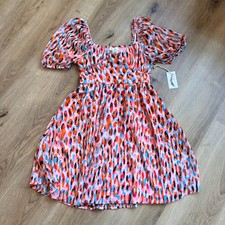 NWT JESSICA SIMPSON Pink Abstract Print Puff Sleeve Smocked Waist Mini Dress S