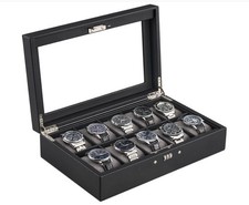 10 Slots PU Leather Watch Glass Display Box Organizer Case with Combination Lock