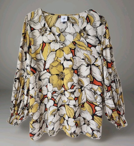 Cabi 3954 Bluse XXL gelb Blumen kräftiger Print V-Ausschnitt lang Bischofsärmel Oberteil