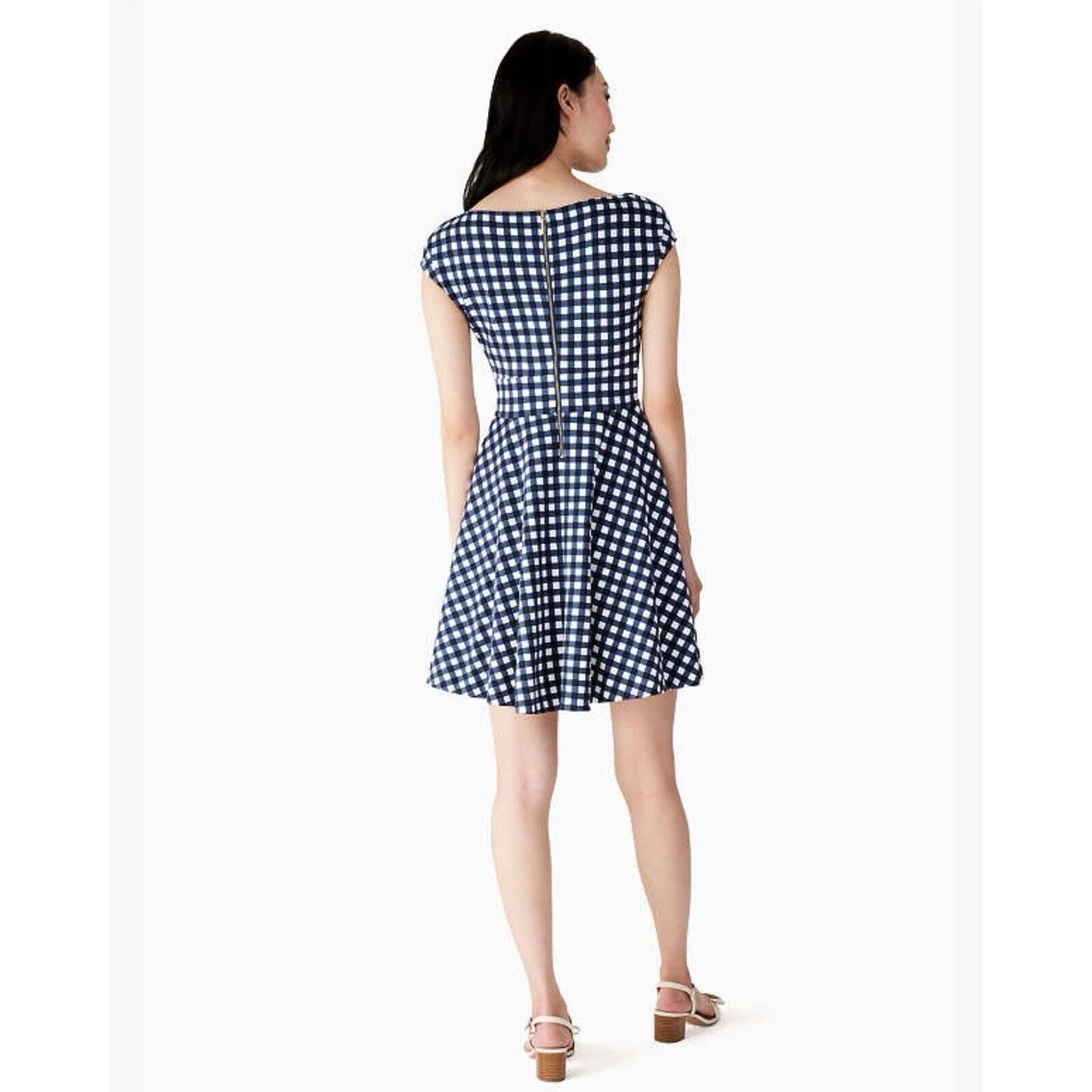 Abito Kate Spade Gingham Ponte Fiorella blu navy bianco aderente e svasato nuovo con etichette taglia S