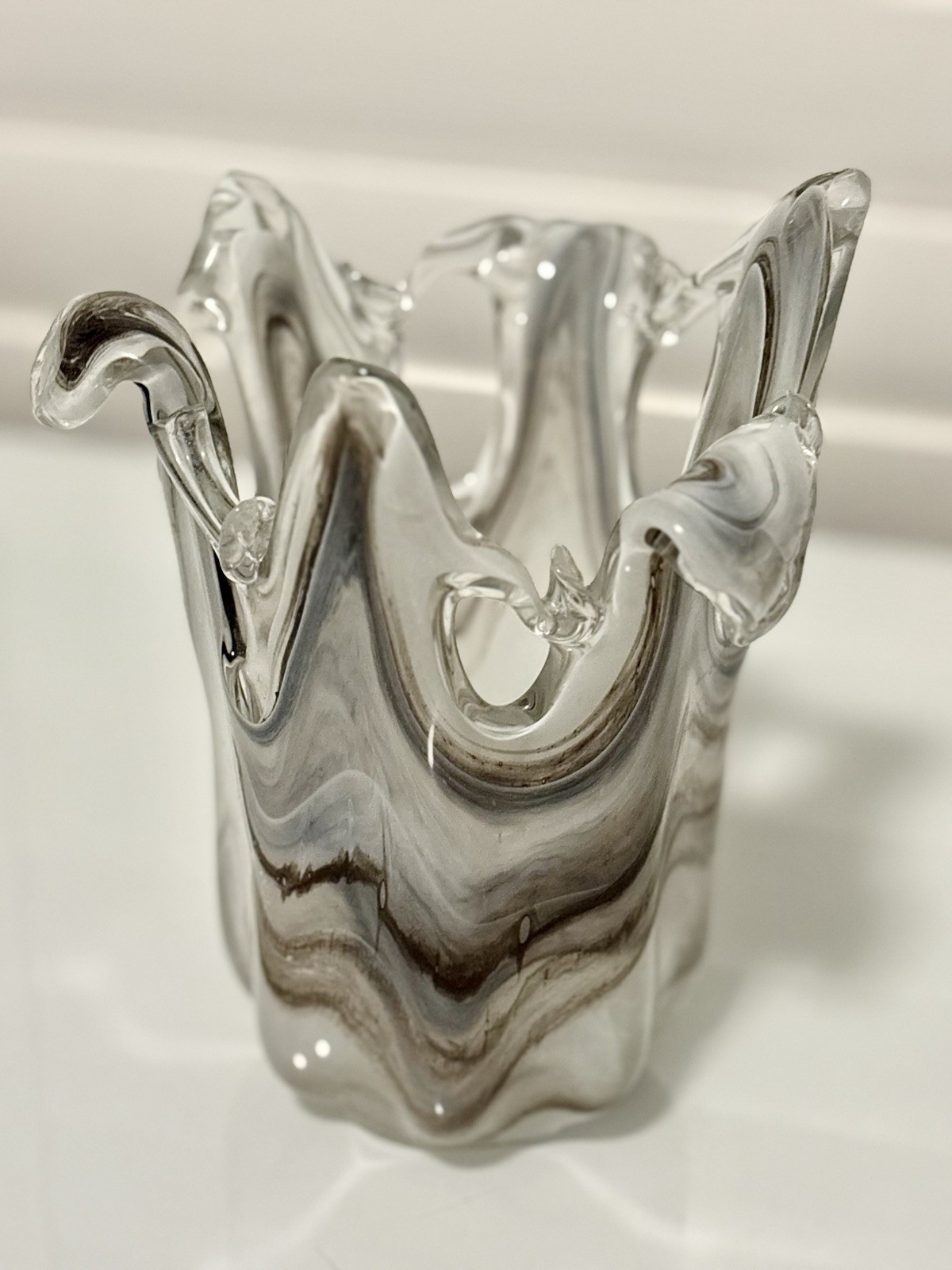 Hand Blown Art Glass Vase Gray White Swirl Modern Abstract Decorative