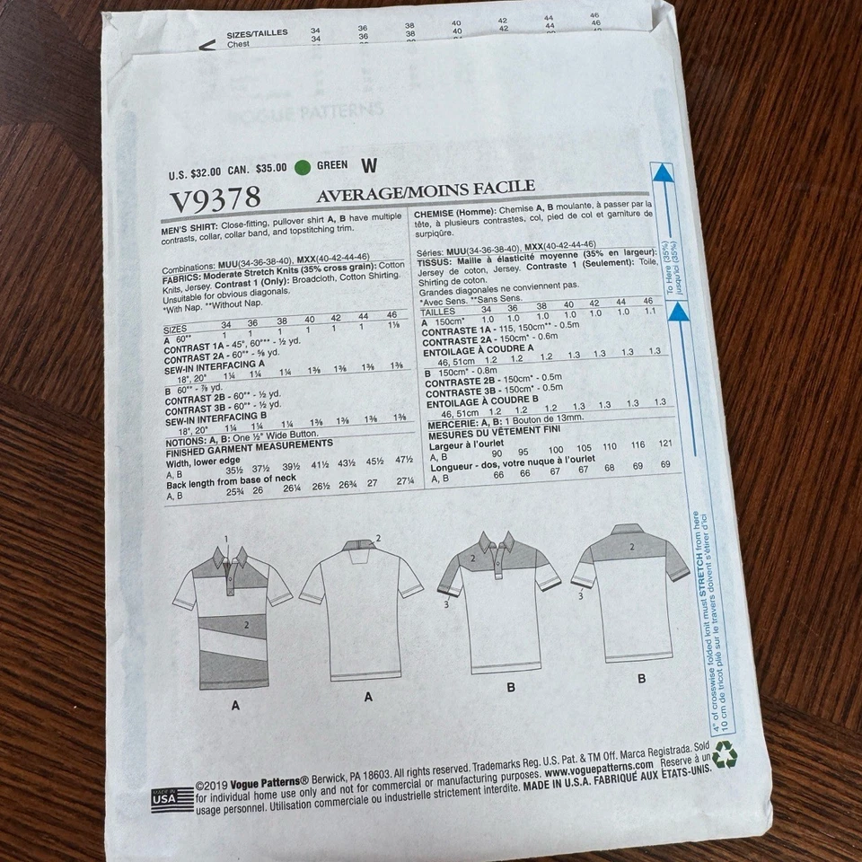 New Uncut Vogue Pattern 9378 Pattern Mens 34-40 Polo Shirt Short Sleeve - Image 2 of 3