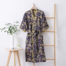 Women's Navy & Gold Scenic Kimono Robe with Belt and Traditional Temple Print