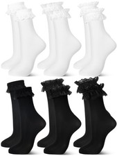 Fourluoo 6 Pairs Women Ruffle Socks Black White Lace Ankle Socks Cute Breatha...