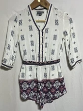 KENDALL & KYLIE ROMPER 3/4 SL SHORTS BUTTON FRONT STRETCH WAIST WHITE BLUE EUC S