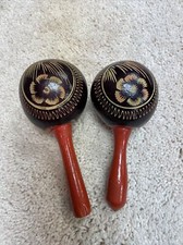 Vintage Hand Carved/Painted Wooden Maracas with Red Handles Preowned
