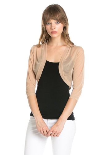 Fashion Secrets Women`s Taupe Brown Chiffon Bolero Shrug Cropped Jacket Cardigan - Afbeelding 1 van 4