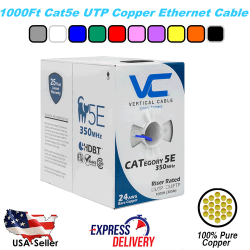 1000Ft Cat5E Vertical Cable Solid CMR Bare Copper Bulk Ethernet Cable - 9 Colors - Picture 11 of 13