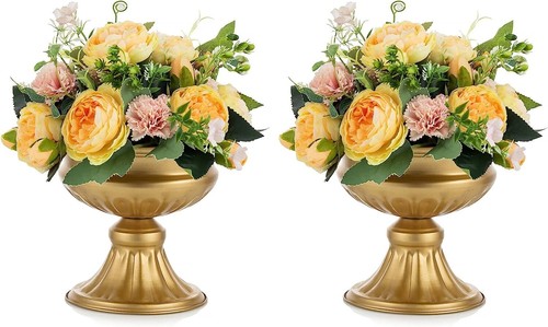 Gold Vases for Centerpieces Wedding - 2 Pcs 6.5in Height Metal Urn Planter Eleg