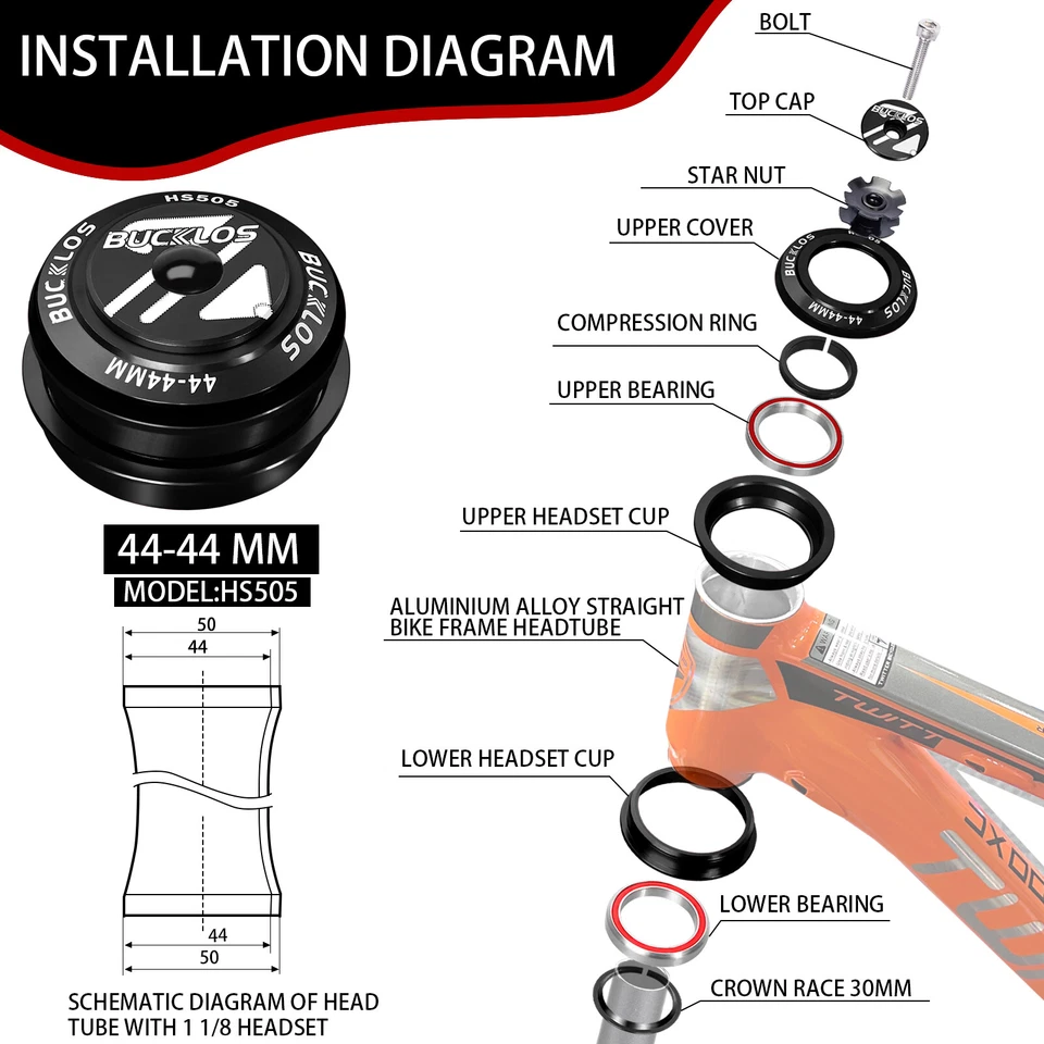 BUCKLOS HS505 44mm 1-1/8" Threadless Headset MTB Road Bike Fork Steerer Part - Image 3 of 4