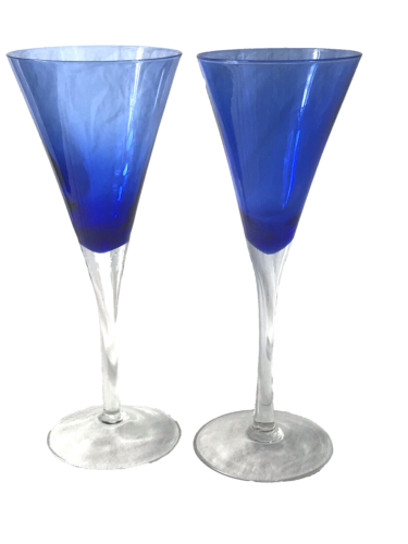 PAIR (2)  COBALT BLUE Champagne Glasses  Toasting Flutes Clear hand blown SM32A - Afbeelding 1 van 7