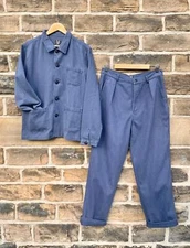 Workwear 2 Piece Suit Faded Indigo French Blue Herringbone Washed Chore Jacket