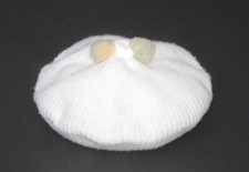 Vintage Ribbed Knit Baby  s Beret Hat, Pompoms, White