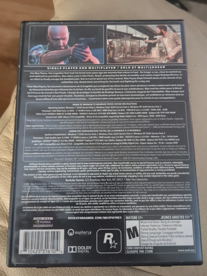 Max Payne 3 - Juego de 4 discos PC Windows Big Box - Sin manual Foto 2 de 4