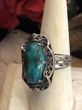 31. Made in ISRAEL Silver 935 Wavy Filigree Green Eilat Stone Ring 7.7g, 7.75s