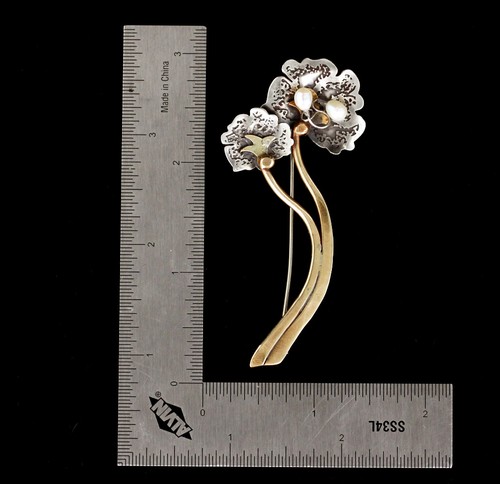 Antique Arts & Crafts 10k Gold Sterling Silver Natural Pearl Floral Pin Brooch - Picture 4 of 4