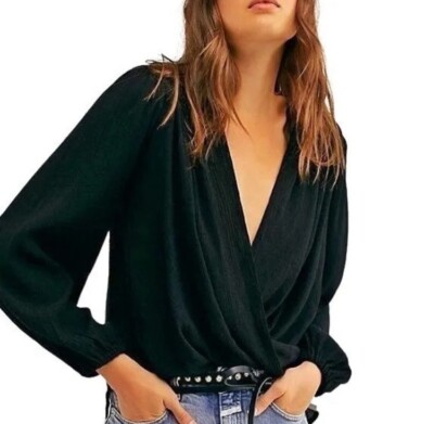 Free People Black Check On It Long Sleeve Hi-Lo V-Neck Wrap Boho Top Small