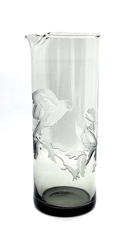 Vintage Smoked Glass Cocktail Pitcher ~ J James ~ Handcrafted ~ Etched ~ MCM