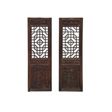 Pair Chinese Vintage Restored Wood Brown Flower Carving Wall Hanging Art ws3648