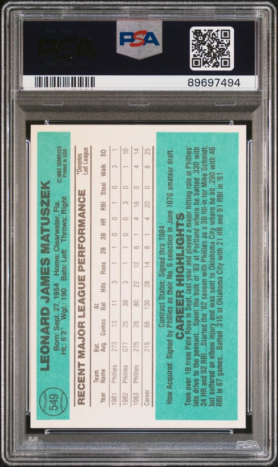 1984 Donruss Len Matuszek #549 PSA 9 - Image 2 of 2