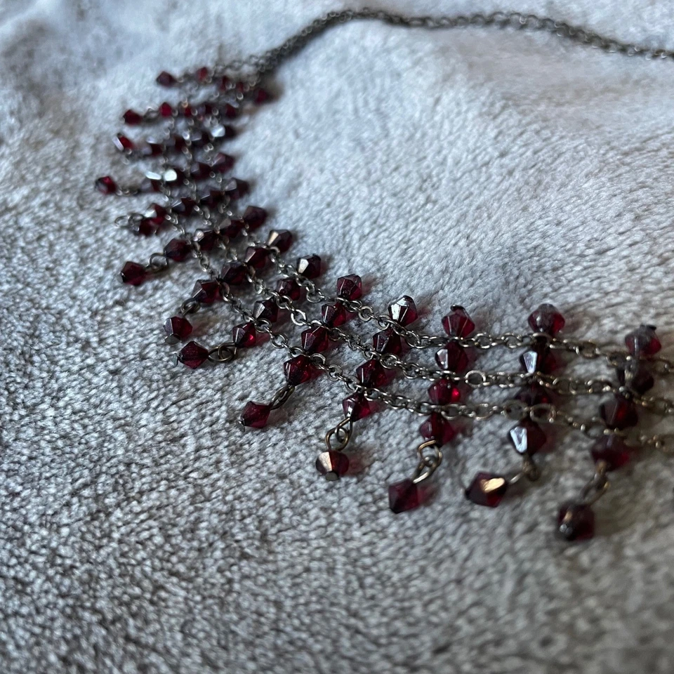 Y2K goth deep Red beaded Choker Necklace Multi Layered Chain Adjustable Clasp - Image 3 of 4