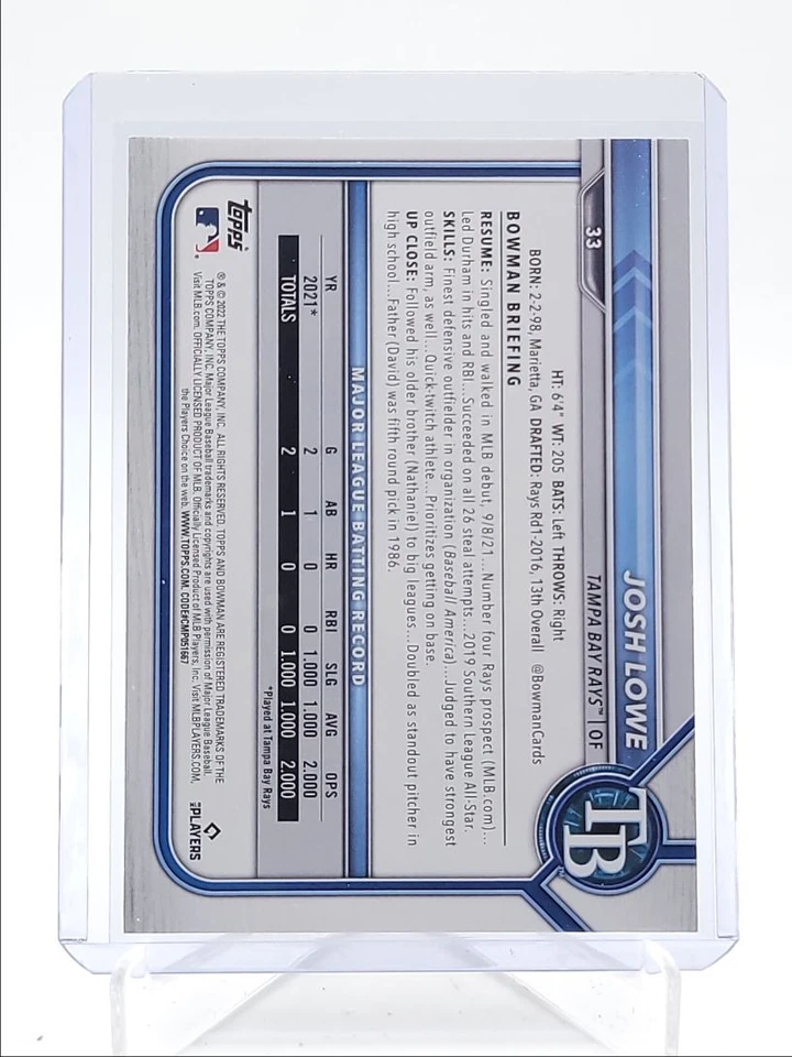 JOSH LOWE 2022 BOWMAN ROOKIE PURPLE PATTERN RAYS RC /199 Q4115 - Image 2 of 2