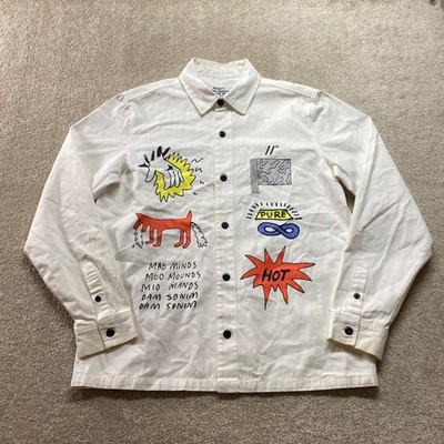 MAD MINDS Shirt Mens Medium White Graphic Print Long Sleeve Button Up Cotton