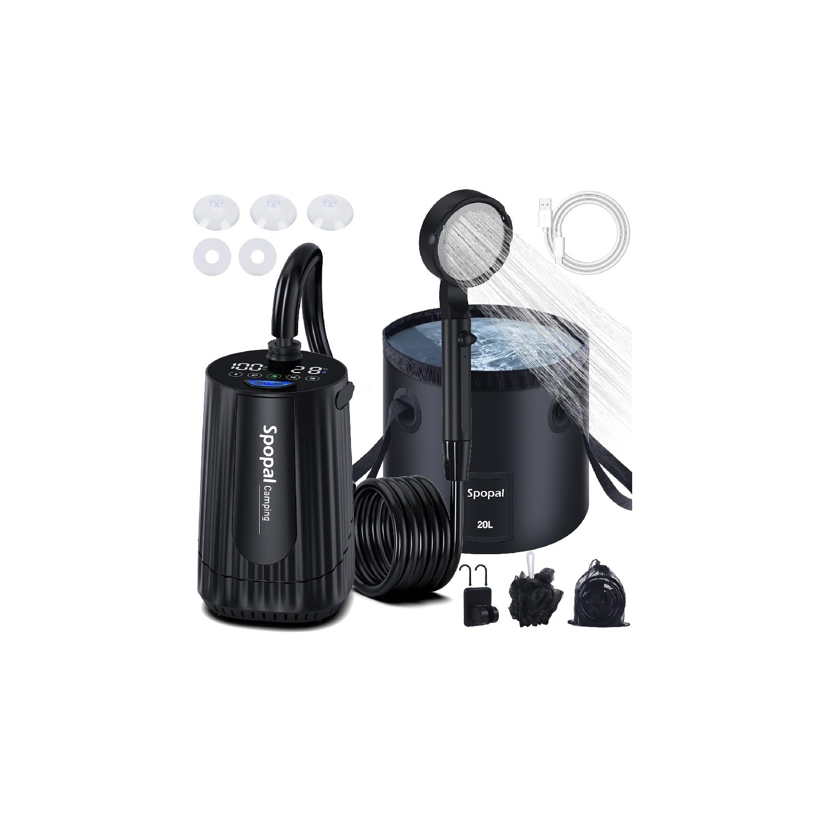 Spopal Portable Camping Shower - [Upgraded] 10000mAh Rechargeable S, Black