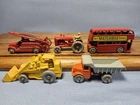 5-1950s Moko Lesney Matchbox Front Loader, Quarry Dump, Fire Truck Tractor Etc