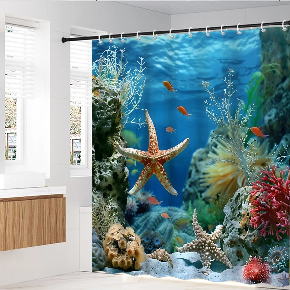 Cortina de ducha de playa de coral tropical concha marina tema océano con ganchos baño Foto 2 de 4