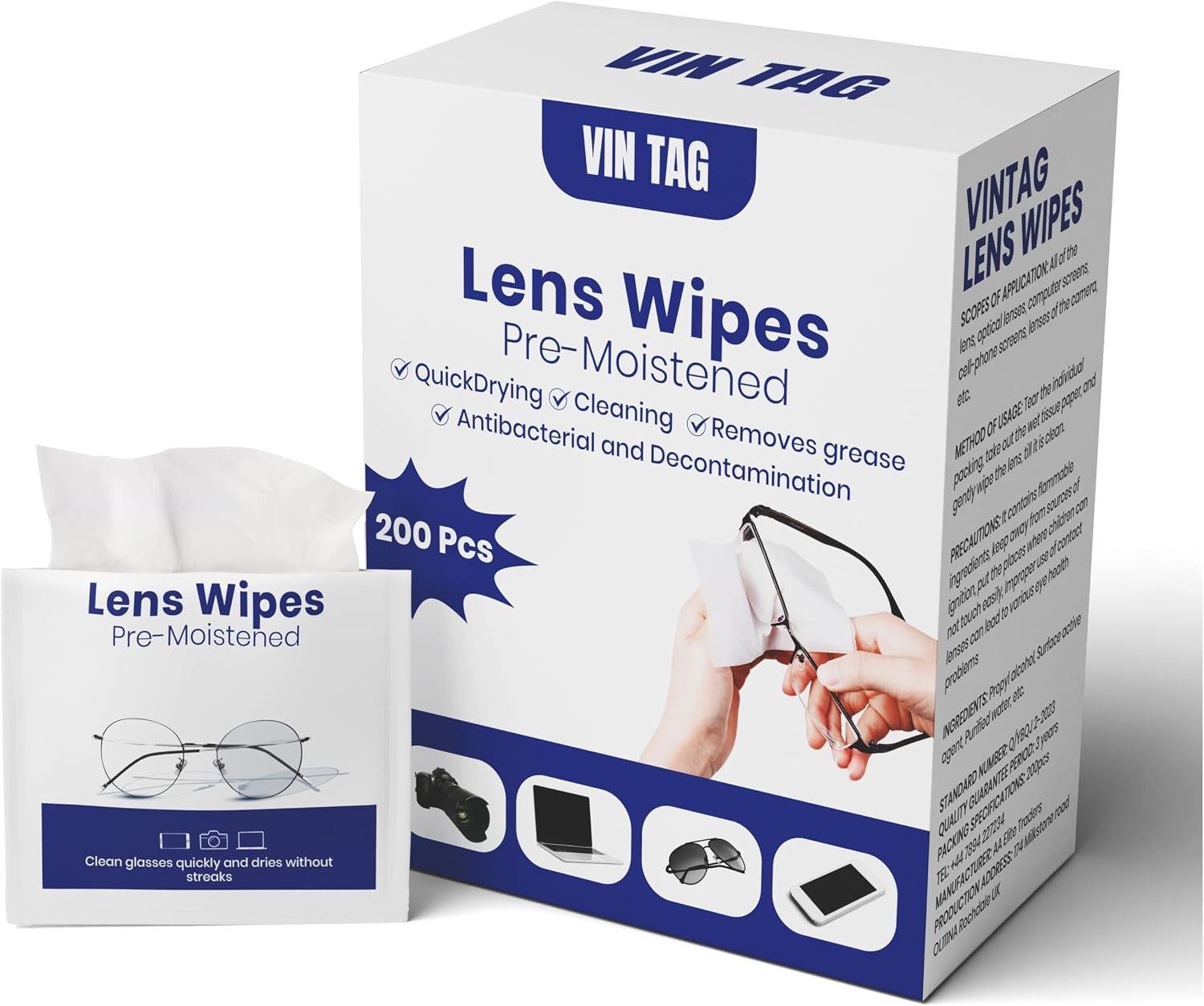 200 Individually Wrapped Glasses Wipes, Pre-Moistened Lens Wipes for