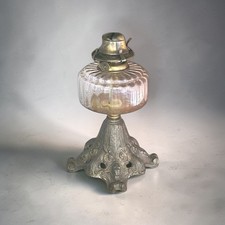 Antique Falk's Oil Lamp Clear Rippled Glass Cast Metal Pewter Effect Base