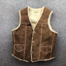 Vintage Genuine Leather Vest Mens Medium Brown Suede Sherpa Snap Western Lined