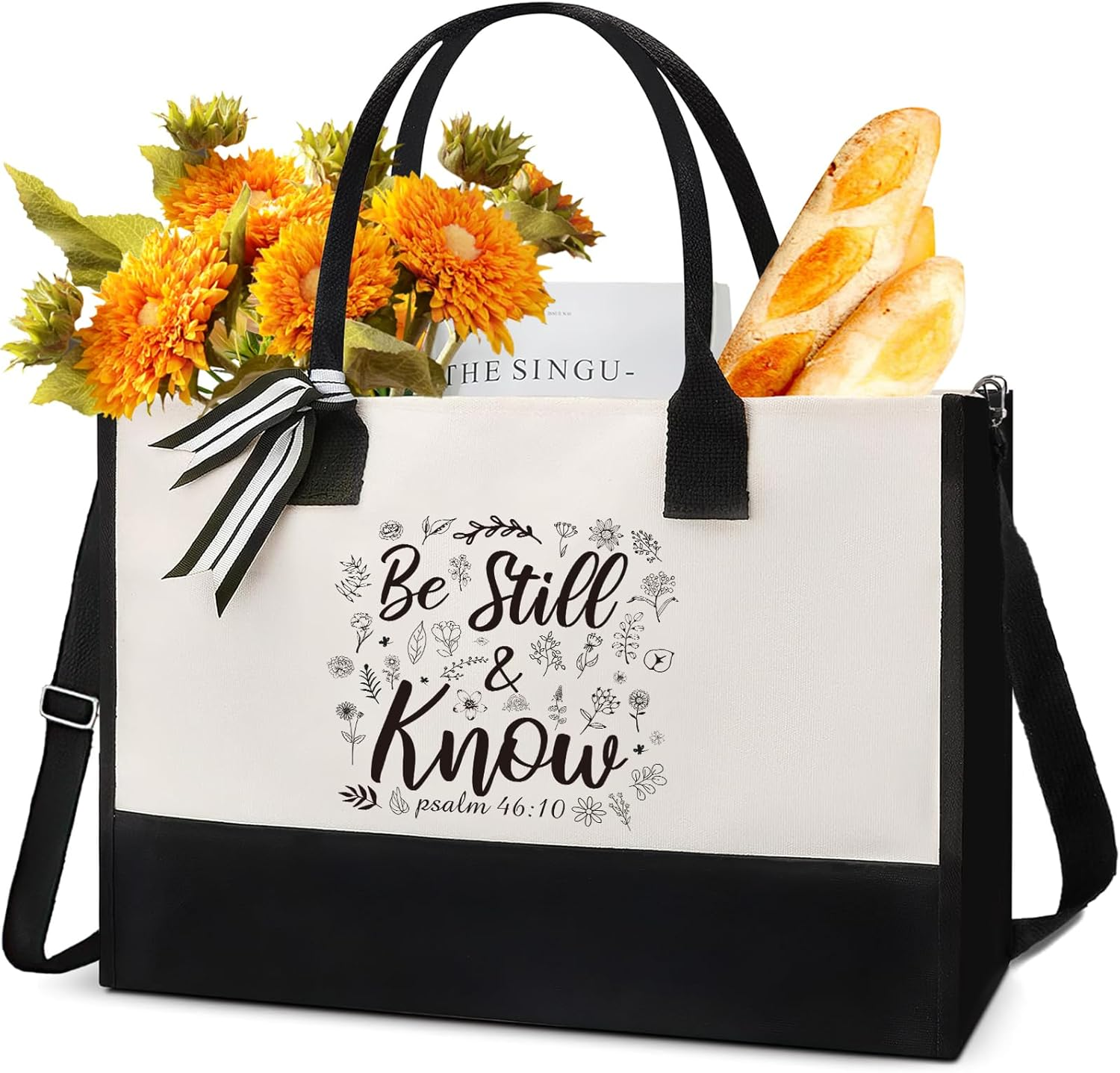 Christian Canvas Tote Bag with Be Still Bible Verse Floral Design