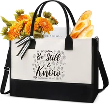 Christian Canvas Tote Bag - Bible Verse Gifts Bags Be Still and Know Bible Flora