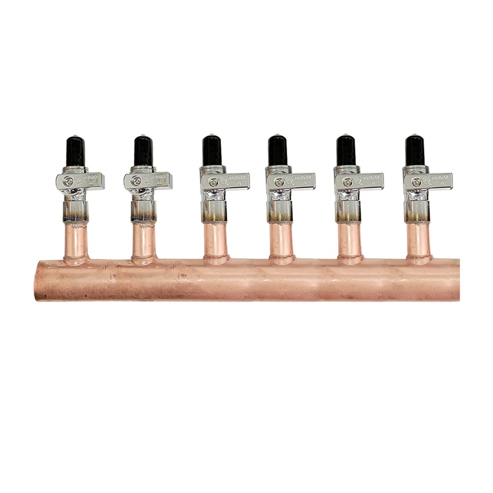 6 Loop 1" Copper Radiant Manifold w/ 1/2" Pex Crimp Mini-Ball Valve Fittings
