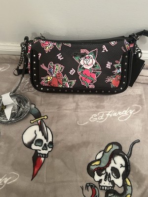 Ed Hardy Black Pink Skull Rose Crossbody Purse Studs NWT | eBay