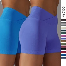 Yoga Shorts for Women V Crossover Stretch High Waisted GYM Leggings Biker Shorts