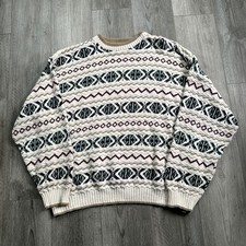 90s VTG NorthCrest Mens XL Knit Sweater Cream Geometric 3D Pattern Made in USA