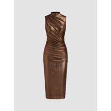 Brown Metallic Midi Ruched Dress Size SL